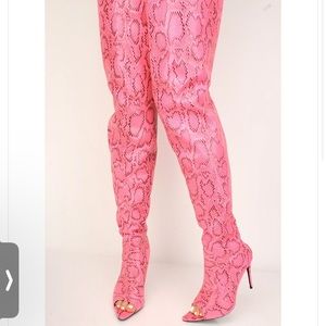 Fashion Nova Pink Snakeprint Peep Toe Thigh High Boots